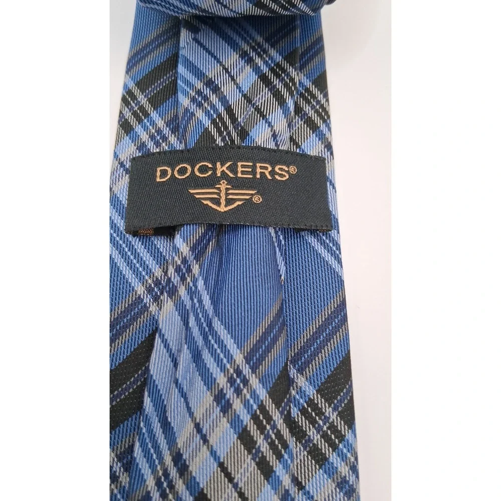 Dockers Blue, Gray, Black Plaid Pattern Silk Blend Handmade Slim Tie